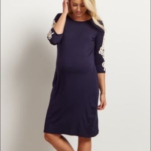 Navy Solid Crochet Sleeve Maternity Dress